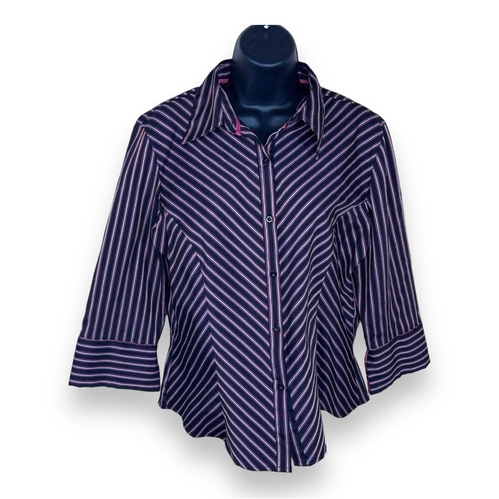 LARGE VINTAGE TANGENTS PINK BLACK STRIPED STRETCH BLOUSE BUTTON FRONT